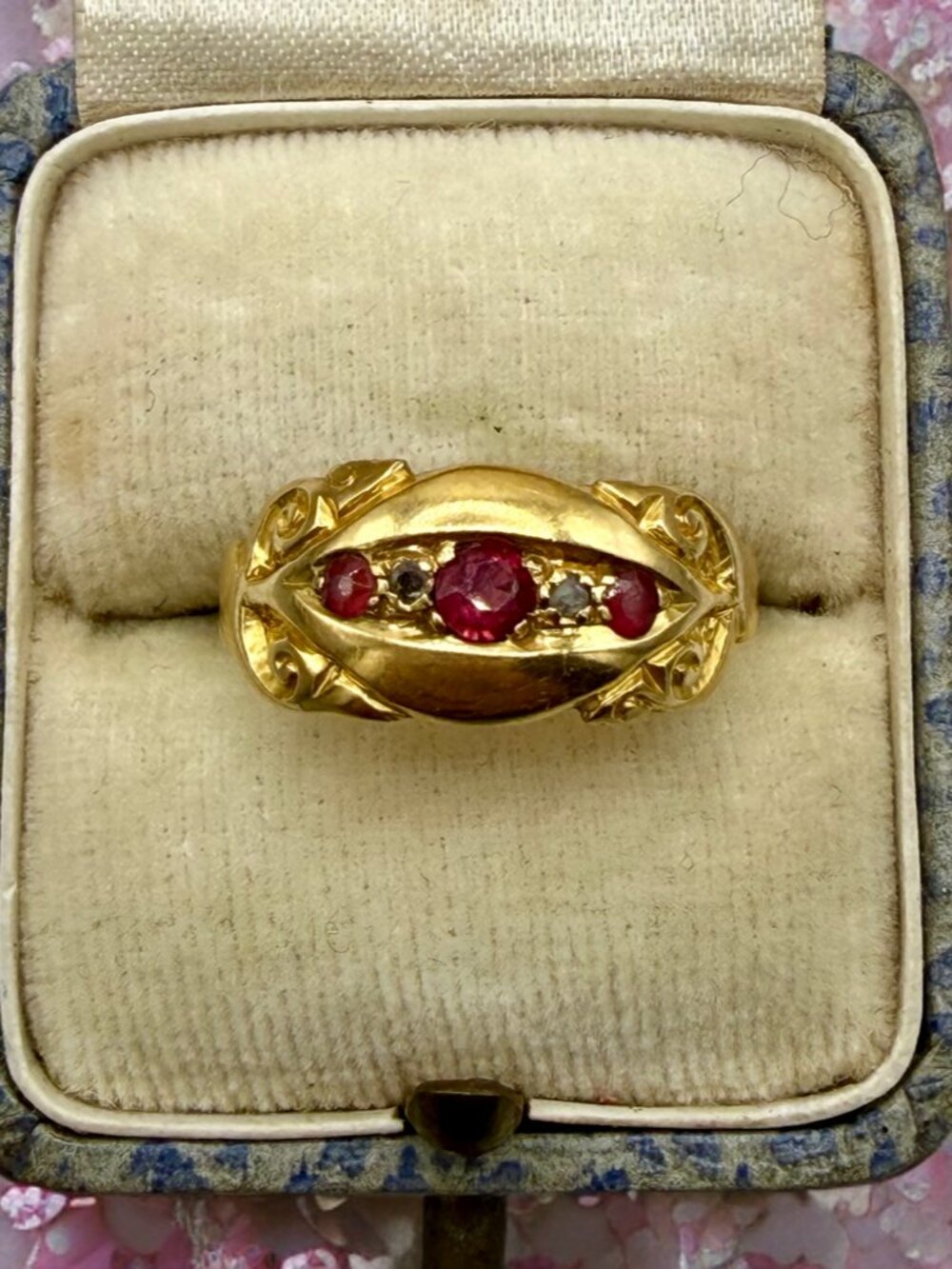 Antique Edwardian 18k Solid Yellow Gold Ruby Diamond Paste Gypsy Ring, Size 6.75